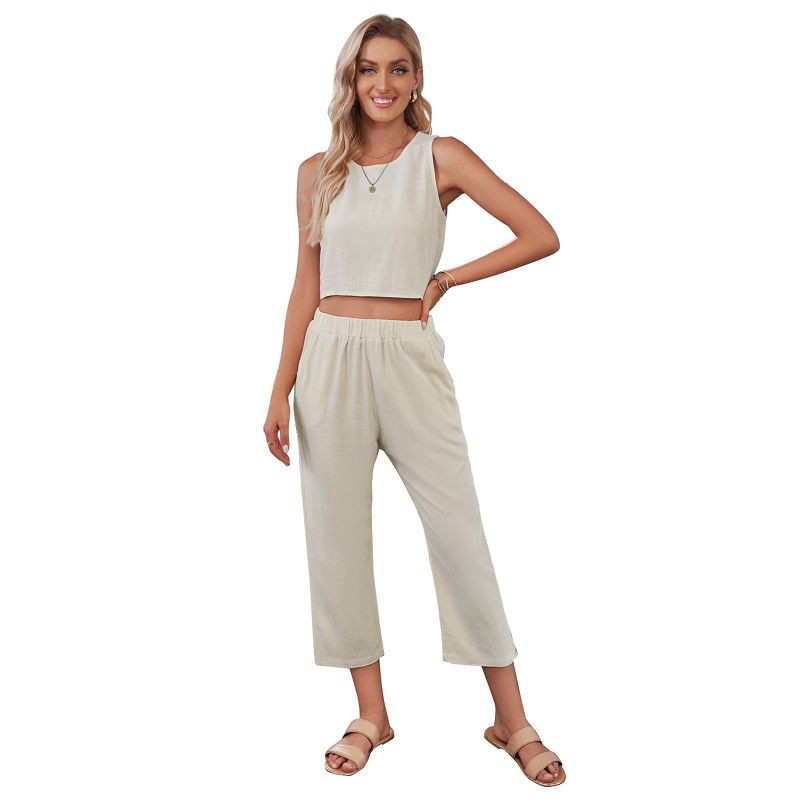 Beige Crop Tank And Pants Two Piece Set