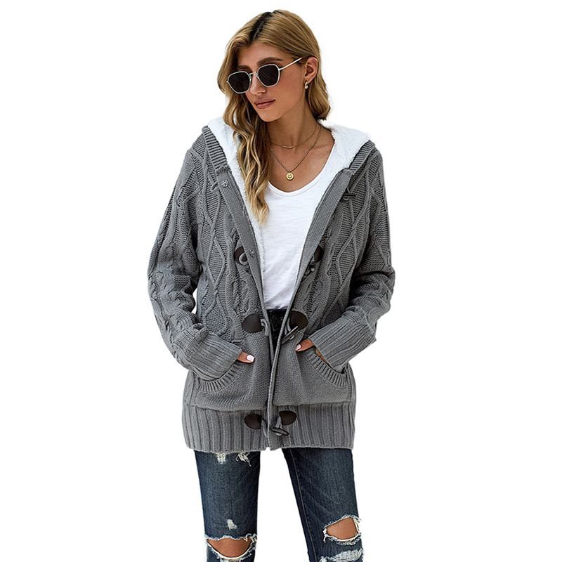 Gray Fur Hood Horn Button Sweater Cardigan