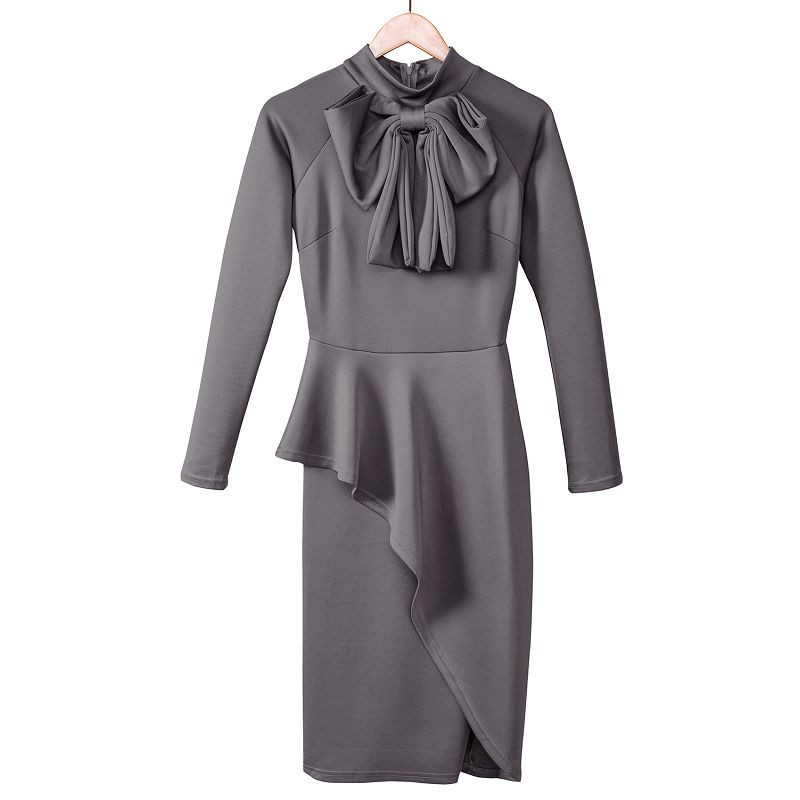 Grey Asymmetric Peplum Style Pussy Bow Dress