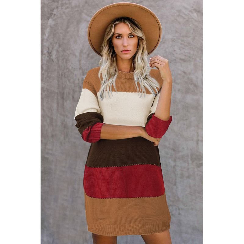 Khaki Color Block Sweater Dress
