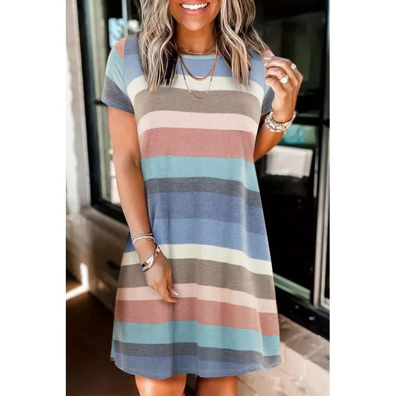 Sky Blue Striped Pocket T-shirt Dress