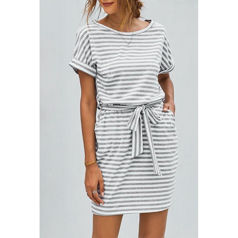 Stripes Pocketed T-shirt Dress With Belt