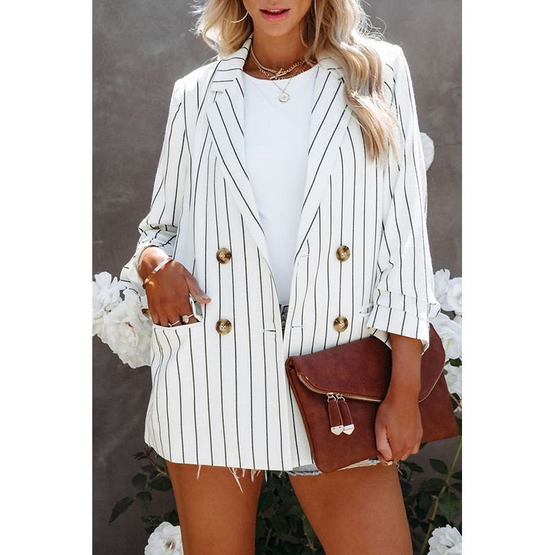 White Double Breasted Pocketed Striped Blazer